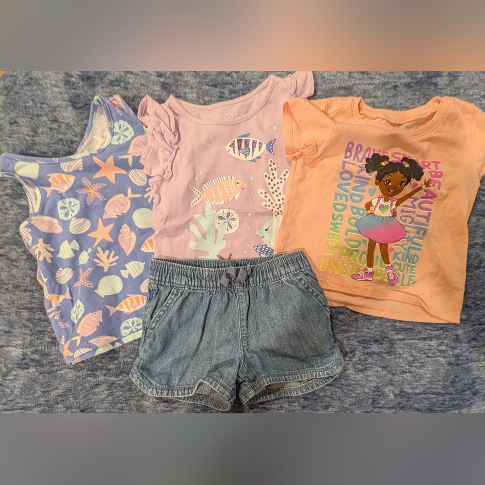 The Children's Place 18-24M Purple, Orange, and Blue Tees With Jean Shorts